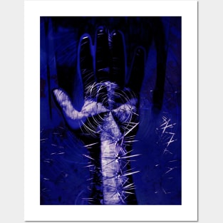 Digital collage and special processing. Hand full of spikes. Cursed. Blue. Posters and Art
